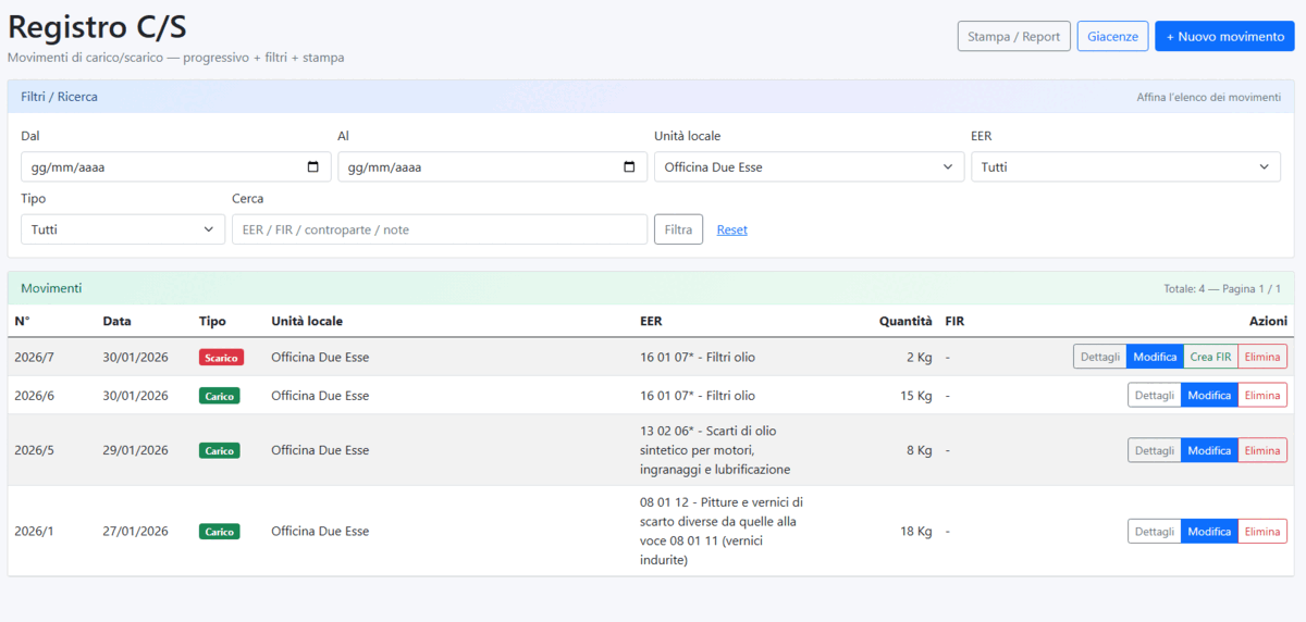 Storico registrazioni registro rifiuti: movimenti carico e scarico