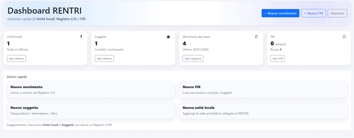 Dashboard registro rifiuti digitale per officine
