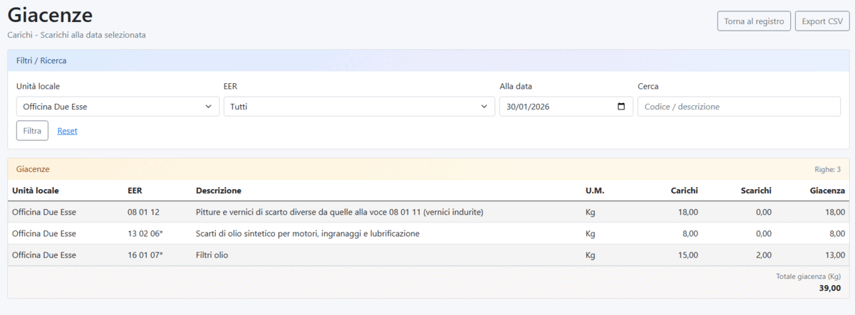 Controllo giacenze rifiuti in officina: storico movimenti e quantità coerenti