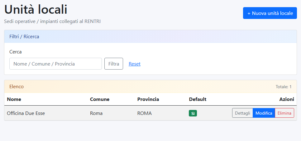 Unità locali e sedi operative per registro rifiuti digitale